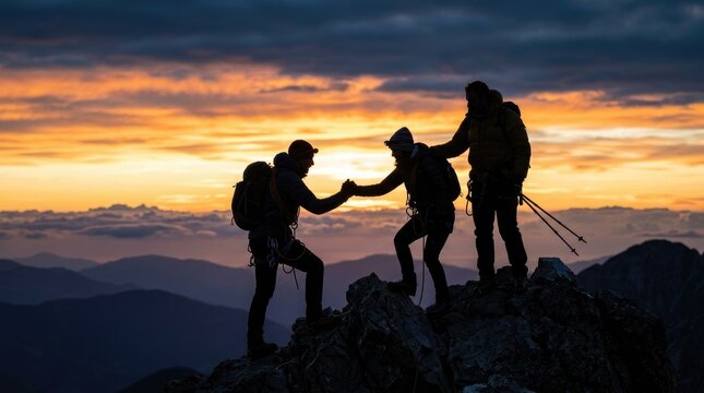 Three mountaineers assist each other as they reach the summit of a mountain. They stand on a rocky outcrop, exchanging a hand-shake.