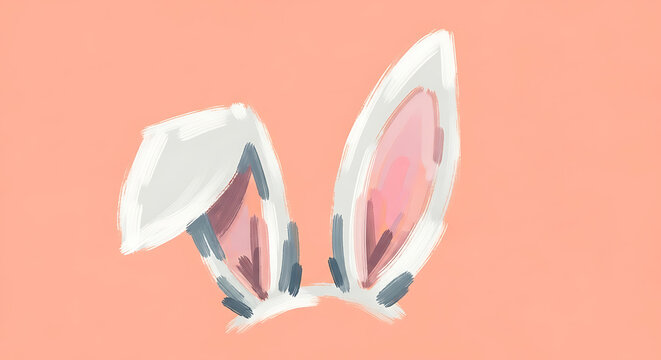 Hand painted bunny ears illustration with brush strokes on coral background representing cute easter mascot and festive spring character animal concept