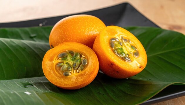Whole and cross section of naranjilla fruits on green leaf showcasing the vibrant orange color and juicy pulp in studio shot