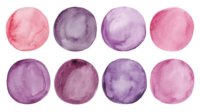 Pink and Purple Watercolor Circles Set. Hand painted circle blobs isolated on white background. Watercolour paint round stains collection.