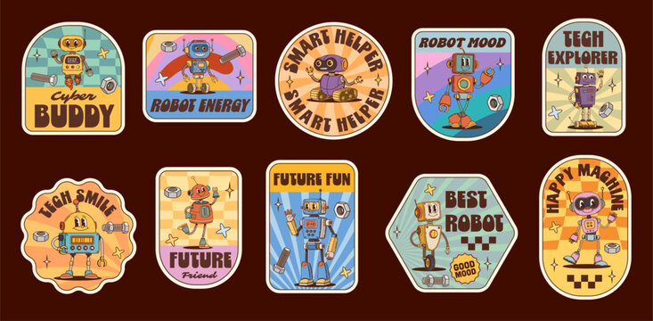Robot characters on hippie groovy stickers and retro patches with droids, cartoon vector. Y2K funny groovy robot characters with happy faces and technology quotes, funky droids and futuristic bots