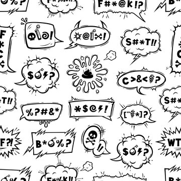 Comic swear speech bubbles vector seamless pattern. Black and white speech balloons with scribbled profanity marks, exaggerated curse words, expressive cloud bursts. Funny crayons seamless pattern