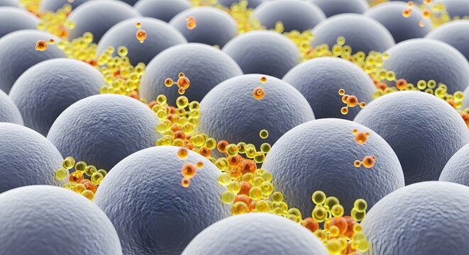 Microscopic view of cells with viral infection illustrating viral replication and cell interaction