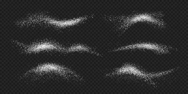 Realistic white sugar or salt powder, falling icing snow crystals or dust. Detailed vector sugar granules for food packaging, cooking blogs, product labels, or adding texture to culinary artwork