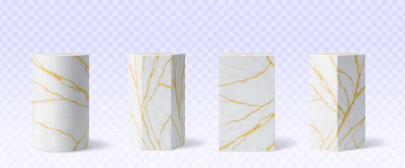 Naklejka premium Marble pillar podium stage pedestals, luxury 3d stone stands with golden veins. Realistic 3d vector white column or blocks of shapes like square, cylindrical, hexagonal. Geometric pillar platforms