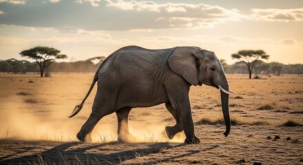 Naklejka premium Majestic African elephant striding purposefully through a dusty savanna at sunset, with golden light illuminating its powerful presence in the vast wilderness of the plains