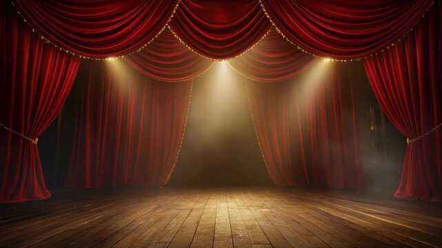 A dramatic empty theater stage with red velvet curtains, wooden floor, and bright spotlights illuminating a misty atmosphere.