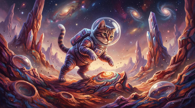 A brave astronaut cat exploring the vibrant surface