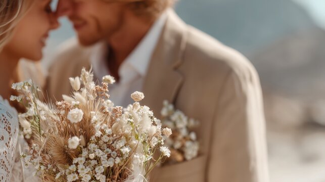 Boho wedding couple with dried flower bouquet in soft sunlight, romantic intimate moment with copy space