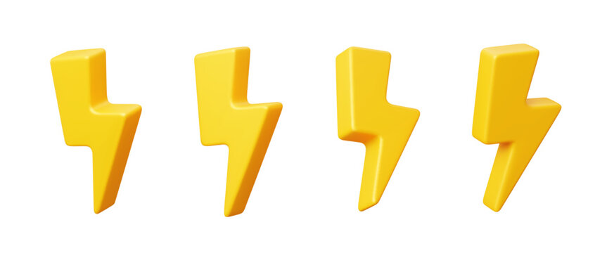 3D yellow lightning icons or thunder bolt and electric power energy arrows, vector icons. Yellow lightning 3D realistic elements of thunderbolt flash or battery power and electricity energy charge