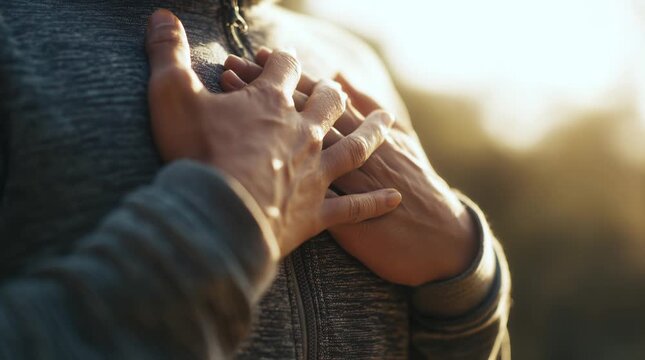 Person placing both hands over chest while taking slow visible breath outdoors, warm soft lighting, emotional calm reset concept , showcasing a moment of reflection in a serene outdoor setting