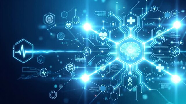 Artificial intelligence medical technology digital health futuristic interface healthcare innovation data network glowing icons science visualization analysis connection electronic system symbol