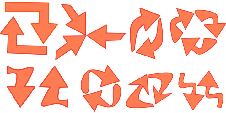 A collection of hand-drawn arrows. Different types of arrows pointing in different directions. A collection of colorful arrows.
