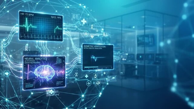 Neural analytics biometric verification heart rate monitor digital health medical technology futuristic interface brain scan data visualization healthcare innovation artificial intelligence biometric