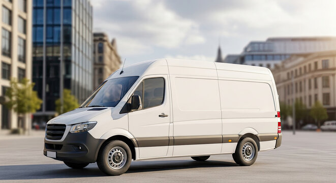 A white van parked in a city street.