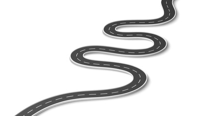 Naklejka na ściany i meble 3d asphalt road track, winding highway, curve map road, long pathway route. Isolated vector realistic traffic car lane for urban and city transport, race, speedway path. Navigation and travel symbol