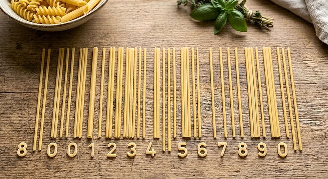 composizione di pasta che forma un  con codice a barre , concetto di tracciabilit&agrave; alimentare.