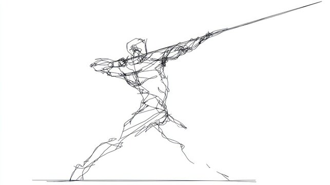 Energetic scribble art of a human figure in motion, aiming with a long, thin weapon