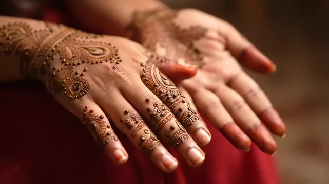 Close-up of female hands adorned with intricate and beautiful traditional henna mehndi designs, showcasing rich cultural art and preparation for a special celebration or event