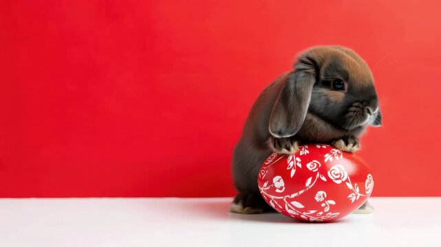 Easter bunny holding red painted egg on bright red background, rabbit holiday still life with copy space, spring celebration greeting banner, minimal studio setup, seasonal decoration scene