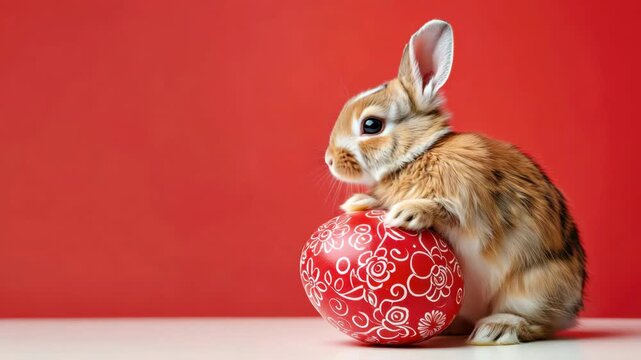 Cute bunny with decorated Easter egg against vibrant red background, festive springtime animal imagery, minimalistic holiday design, playful seasonal marketing content, modern Easter visual