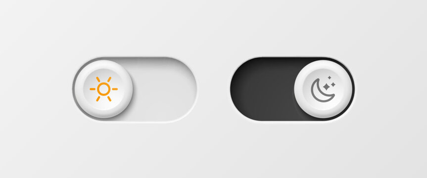 Night and day mode switch button, light or dark toggle slider. Mobile app interface states, sun and moon icons. Realistic 3d vector modern ui control element for digital application settings