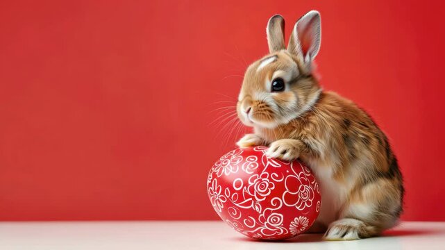 Easter bunny holding decorated egg on red background, rabbit with painted egg for spring holiday, painted egg pattern, floral motifs, seasonal easter rabbit portrait, holiday egg hunt scene
