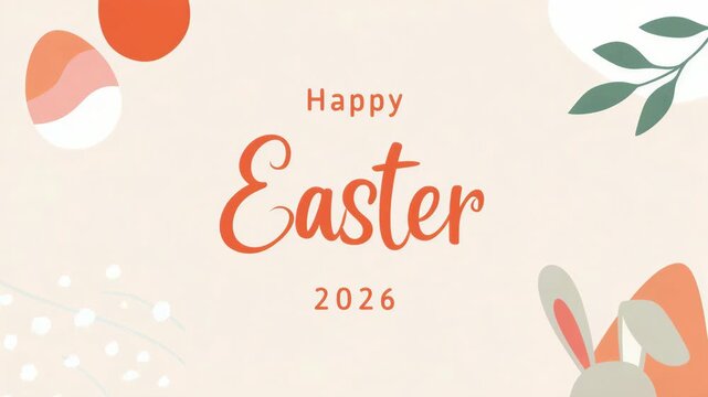 Happy Easter card with 2026 festive greeting, holiday typography design, Easter egg illustration, spring celebration theme, bunny decorations background, traditional Easter message