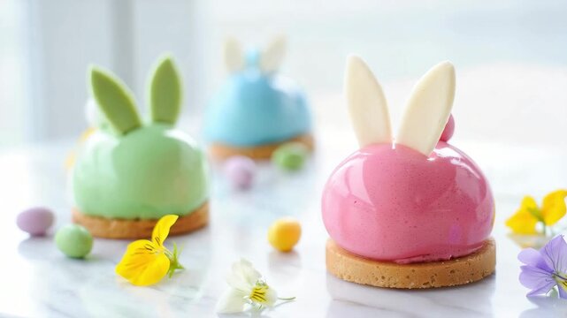 pastel glazed bunny ear mousse cakes on shortbread bases, minimalist easter dessert styling, spring patisserie plating with edible flowers, glossy mirror glaze sweets, kawaii holiday confection trend