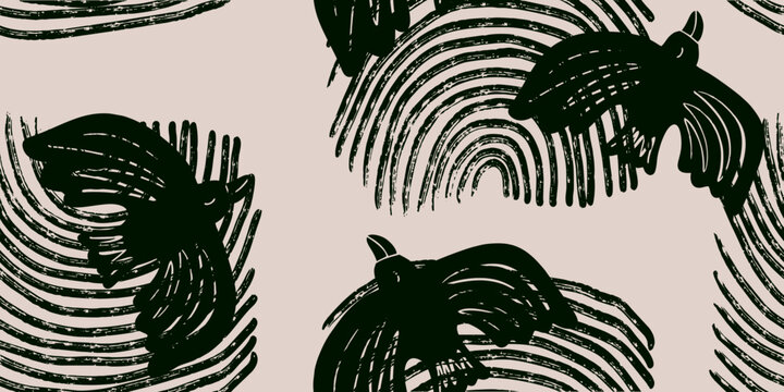 Seamless Hand-Drawn Bird and Abstract Arch Pattern