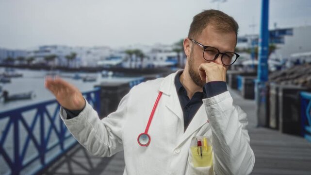 Man doctor wearing labcoat and stethoscope pinching nose and covering face on promenade by the seaside, young caucasian with glasses; disgust hygiene caution.