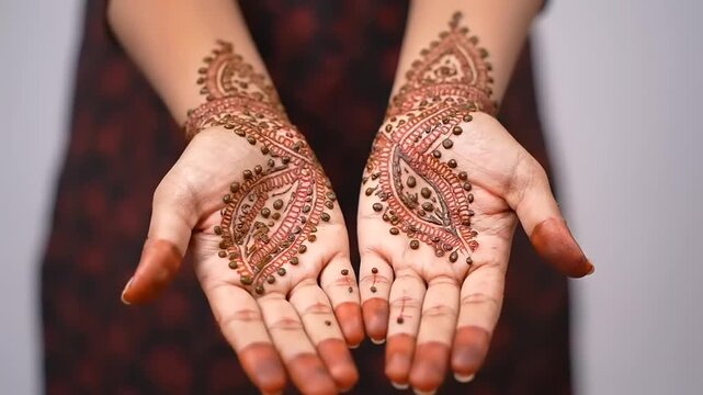 Close-up shot of a woman's hands adorned with intricate henna mehndi designs, showcasing cultural artistry and traditional body art