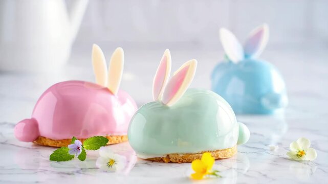 Easter bunny mousse cakes in pastel glazes, bunny ear decorations, spring dessert table styling, pastel confectionery pastries, floral accents, seasonal holiday bakery display, treats, recipe