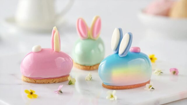 Pastel aesthetic easter desserts on marble, minimalist spring dessert styling, cute bunny dessert trend with mirror glaze, modern easter patisserie design, kawaii inspired holiday sweets display