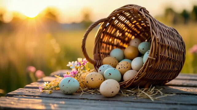Wicker basket with colorful eggs spilling onto wooden table amidst a rural sunset scene, Easter holiday decoration, spring celebration, rustic countryside atmosphere, festive tradition