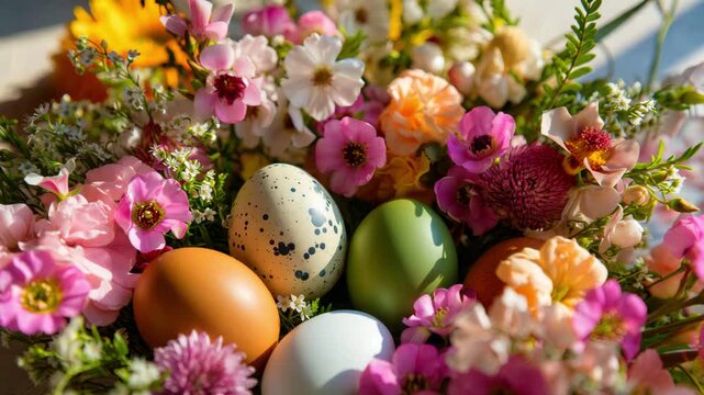 Spring pastel eggs in floral arrangement, speckled quail egg beside green olive egg, brown white eggs among pink wildflowers, morning sunlight casting soft shadows, holiday table centerpiece