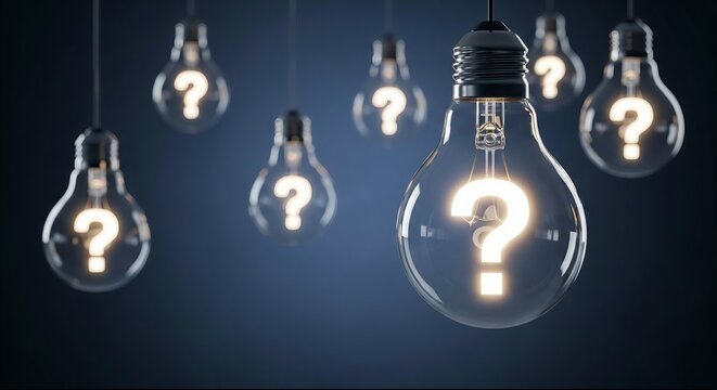 Glowing light bulbs with question marks showing idea and solution concept