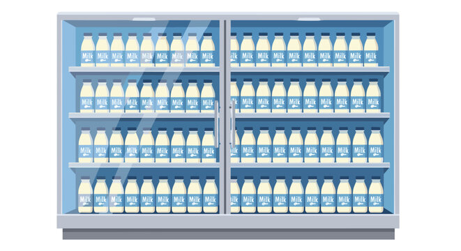 A large refrigerated display case with two glass doors is filled with multiple rows of white milk cartons on light gray shelves.