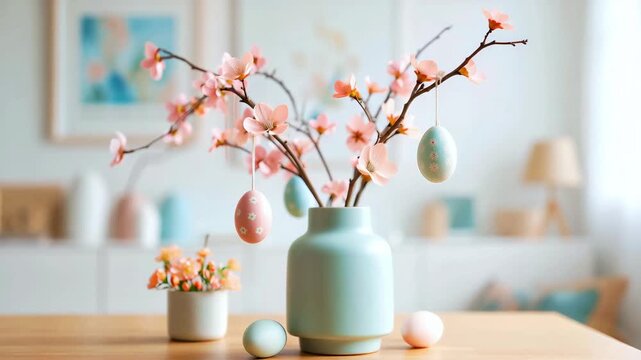 Easter egg ornaments on flowering branches in pastel vase, spring holiday decor, traditional celebration elements, harmonious interior design, bloom and renewal, peaceful home atmosphere