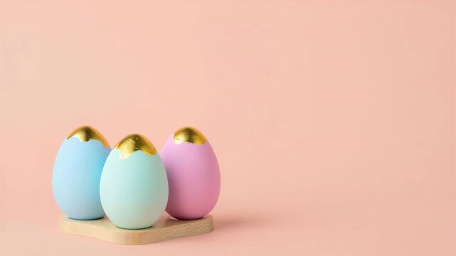 Pastel easter eggs with golden tops on wooden stand, minimal holiday decoration, spring celebration background, soft peach backdrop, modern festive arrangement, seasonal greeting design