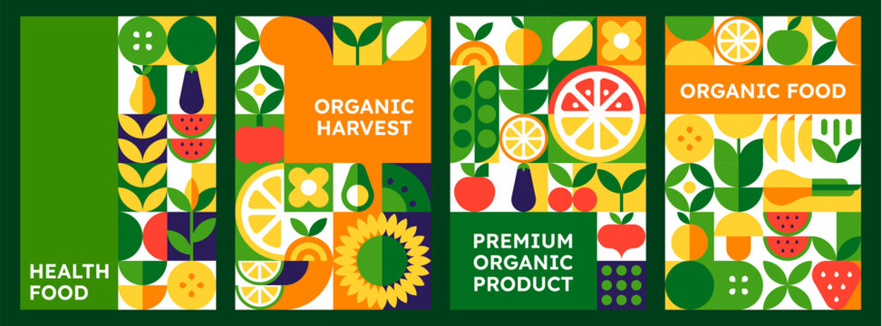 Organic food fruits and vegetables farm market posters with geometric pattern for health market. Vector premium organic farm eco products retro banners with lemon, orange, apple, pear and watermelon