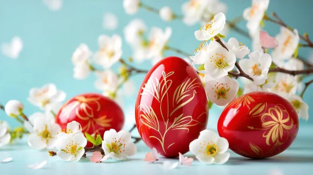 Red easter eggs with gold floral ornament beside white spring blossoms on a turquoise background, festive holiday still life, seasonal decoration, painted eggs, blooming branches, copy space