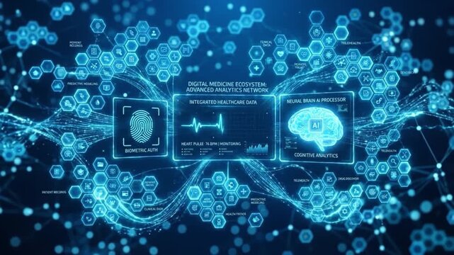 Digital medicine ecosystem featuring biometric authentication, integrated healthcare data, neural brain AI processor, and advanced cognitive analytics within cutting edge analytics network