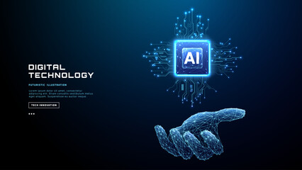 AI chip held by human hand with circuit connections spreading outward. Digital technology concept showing artificial intelligence hardware and futuristic semiconductor innovation. Tech vector