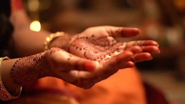 Close-up of elegantly decorated hands displaying traditional mehndi artistry, capturing the essence of cultural celebrations and festive beauty