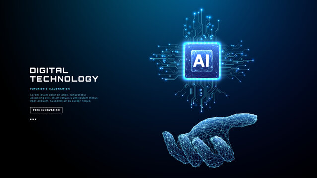 AI chip held by human hand with circuit connections spreading outward. Digital technology concept showing artificial intelligence hardware and futuristic semiconductor innovation. Tech vector