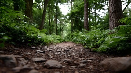 Fototapeta premium Low angle view of a rocky forest path winding through dense lush green foliage and trees