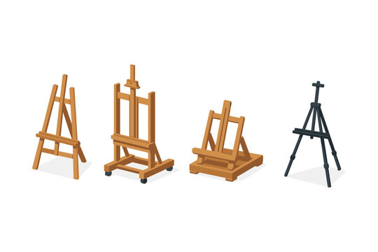 Collection of four different art easels in isometric view on a white background