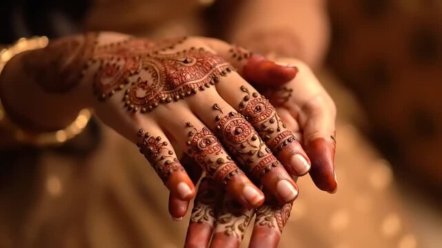 Close-up of beautifully adorned hands with intricate traditional henna mehndi designs, symbolizing celebration, cultural heritage, and elegant beauty