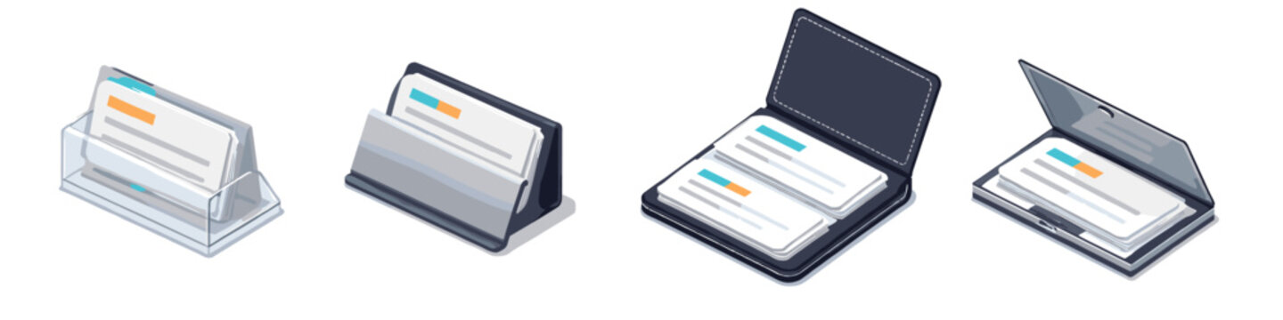 Collection of business card holders and organizers in isometric view